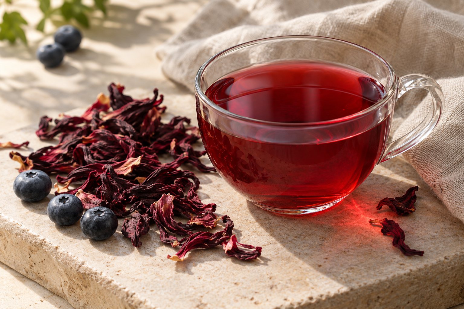 Loose hibiscus petals and blueberries beside a cup of ruby-red tea