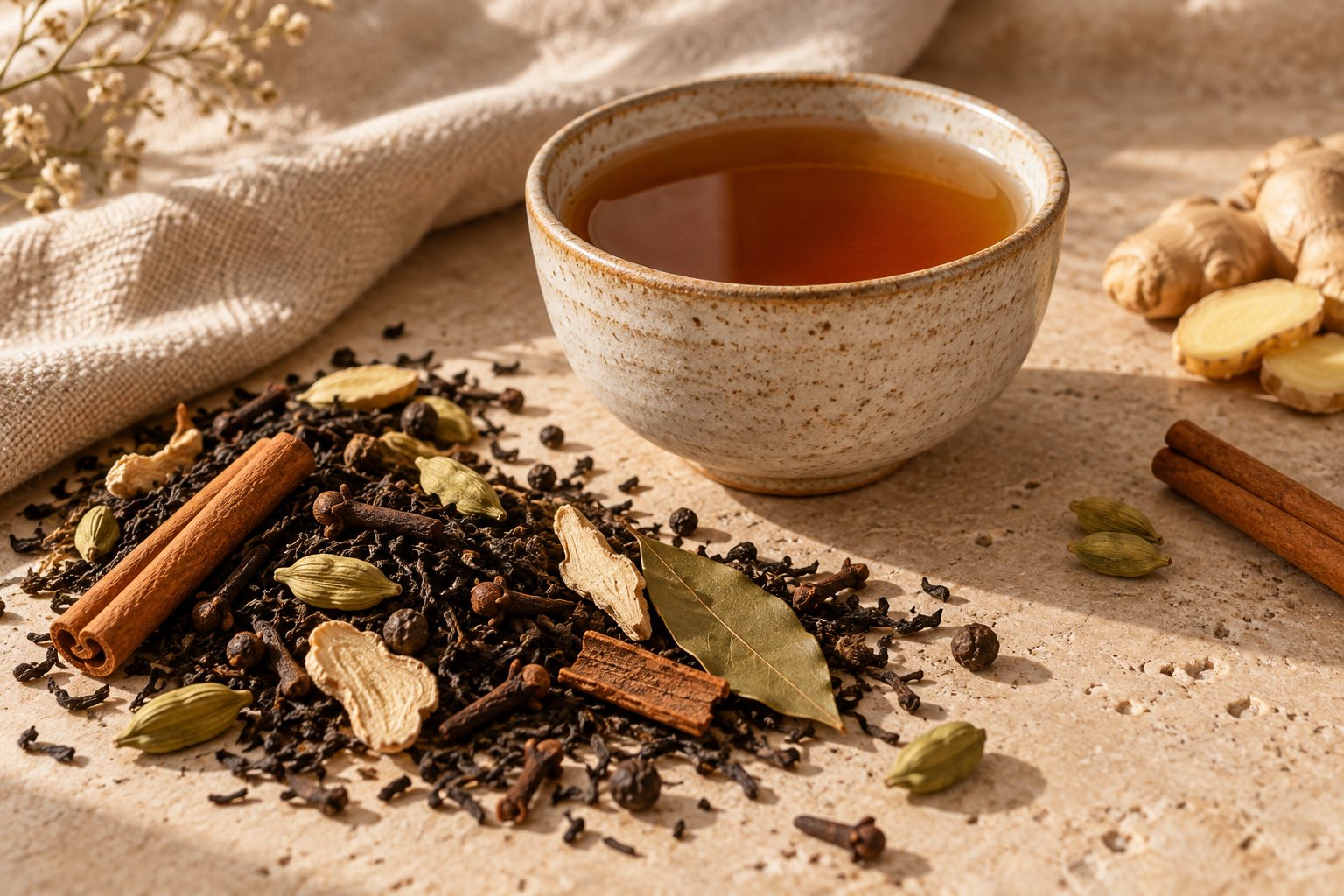 Loose spiced tea and whole spices beside a cup