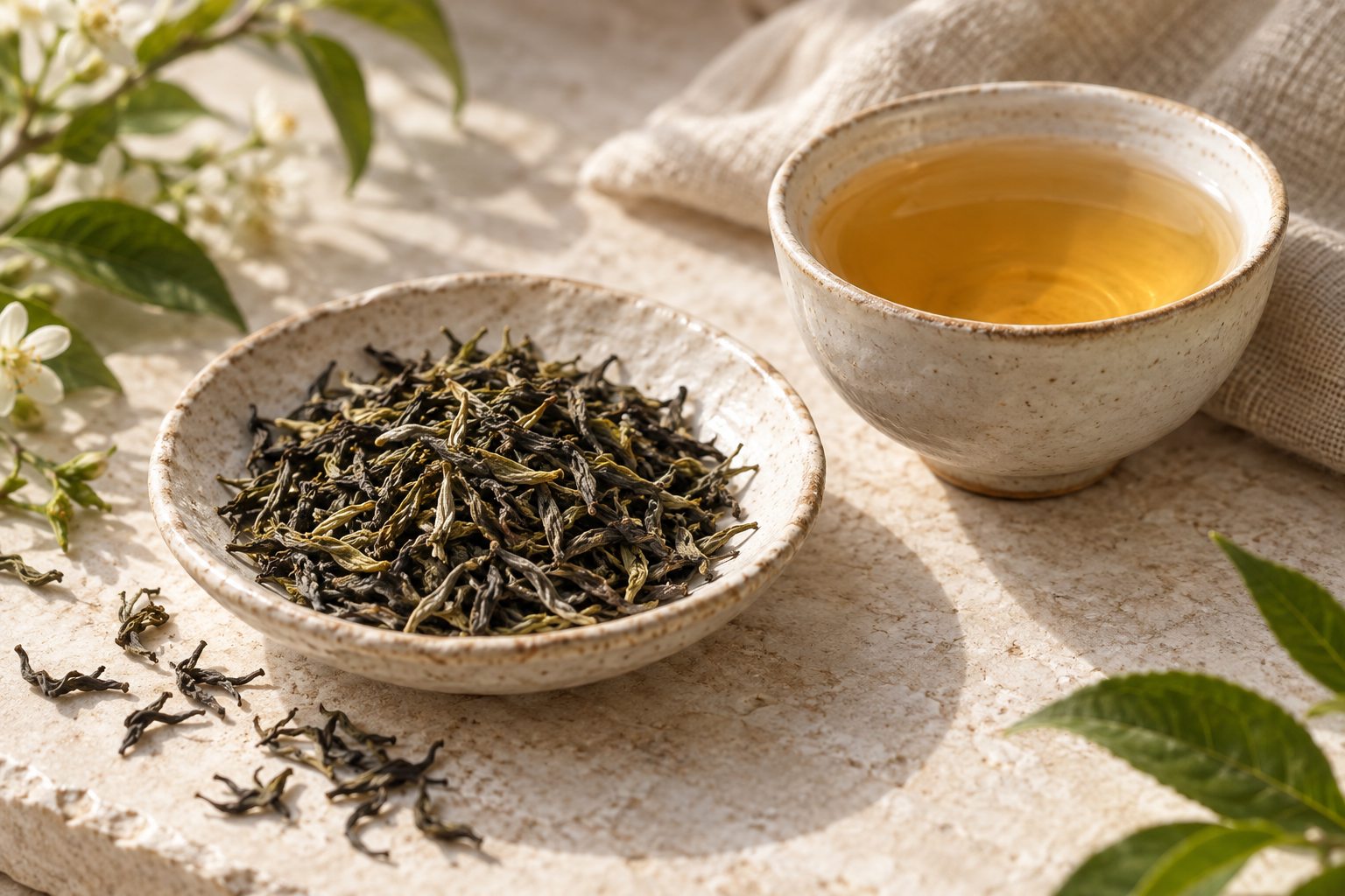 Loose Darjeeling tea with a cup of golden tea