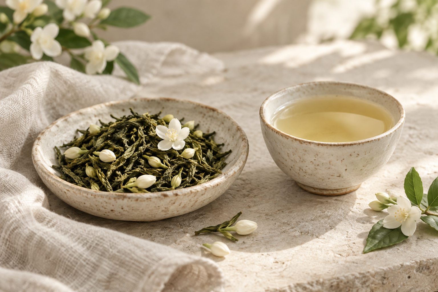 Jasmine green tea and blossoms beside a cup