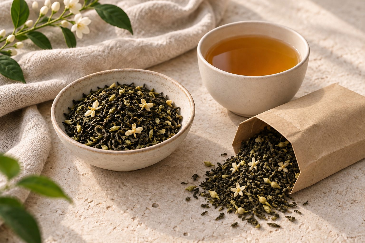 Loose tea leaves spilling from an open paper bag beside a cup of tea