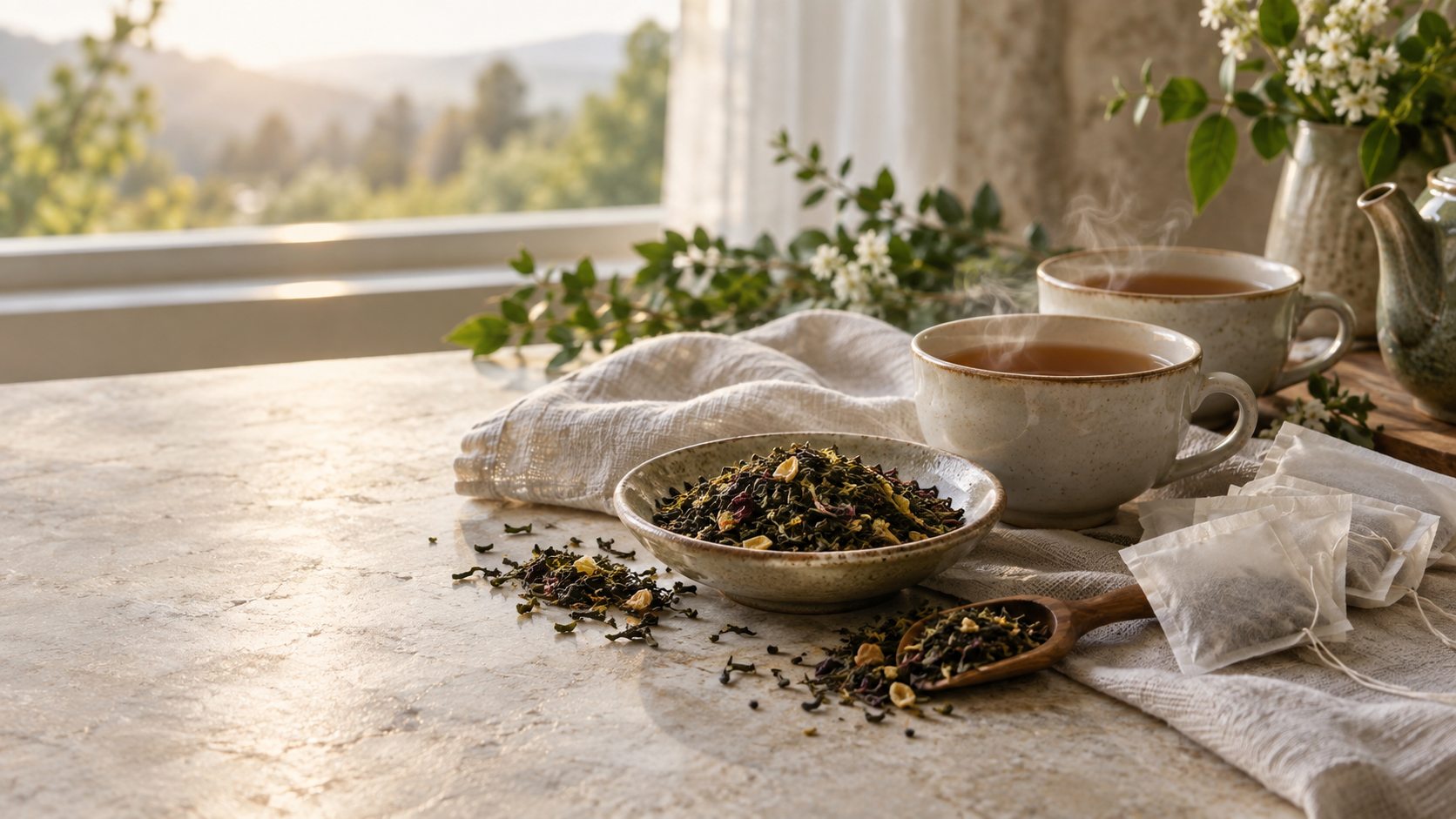 Cups of tea and loose leaves on a sunlit table